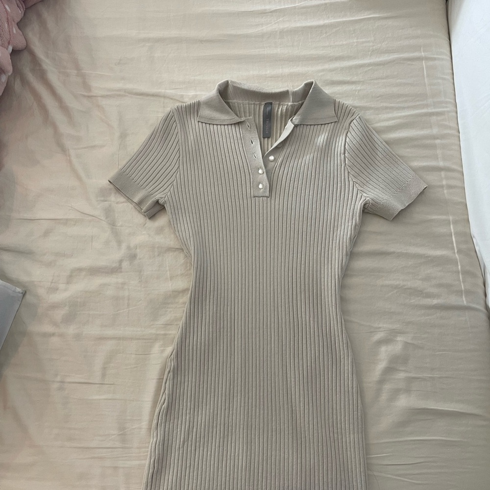 Elegant Cream Ribbed Polo Dress